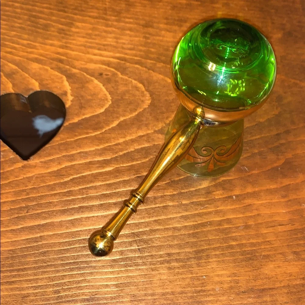 Vintage Bohemian Green Gold Glass Turkish Coffee Goblet Decanter Brass Handle